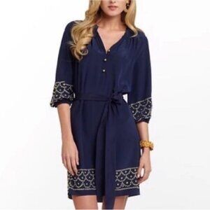 Lilly Pulitzer Perla Dress Bright Navy Blue Silk Gold‎ Studded Shift Size Small